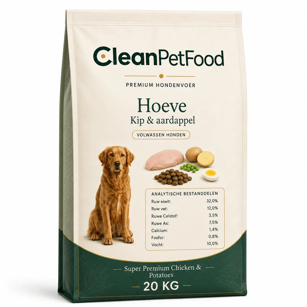 CleanPetFood Hoeve hondenvoer met kip en aardappel, zak van 20 kg