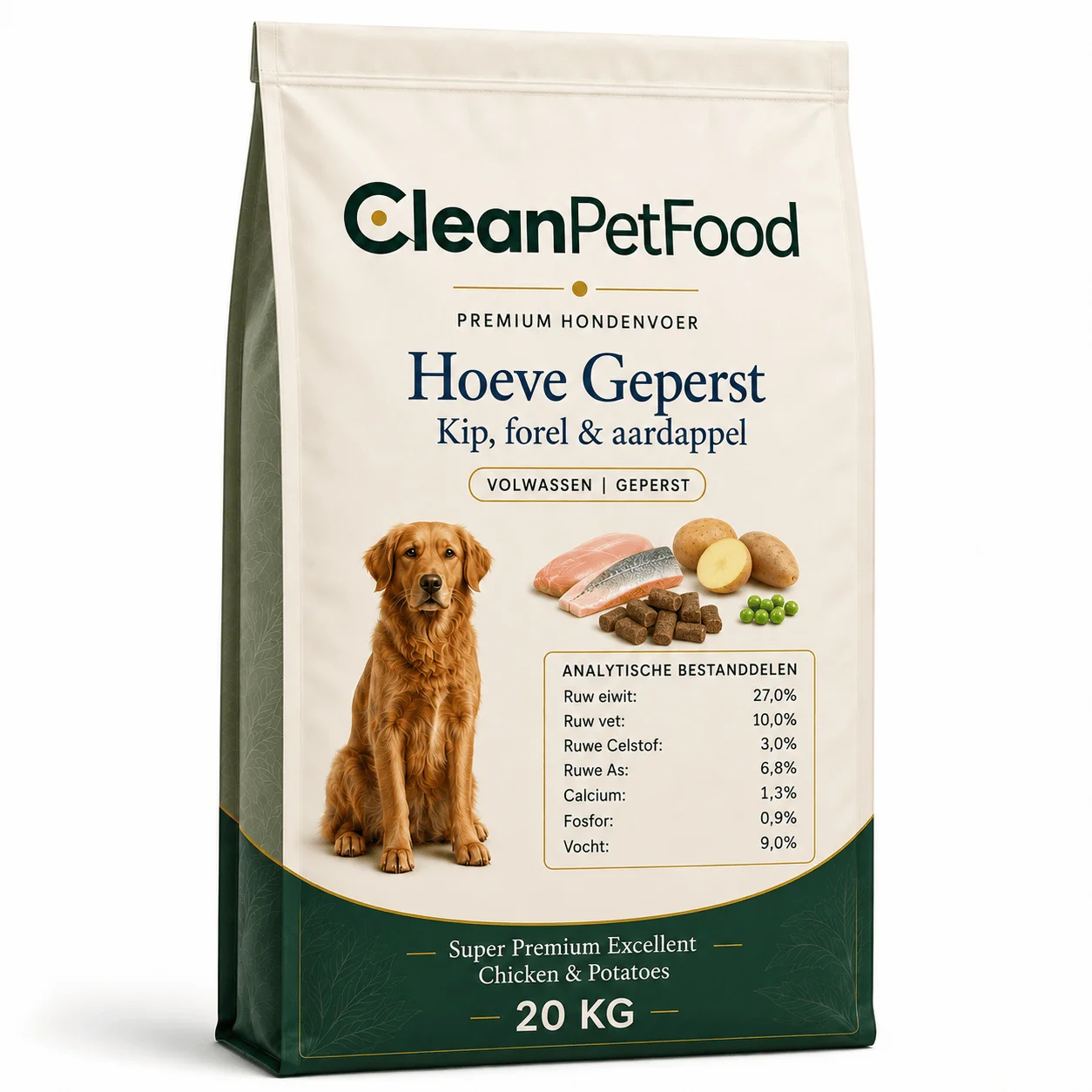 CleanPetFood Hoeve Geperst hondenvoer met kip, forel en aardappel, zak van 20 kg
