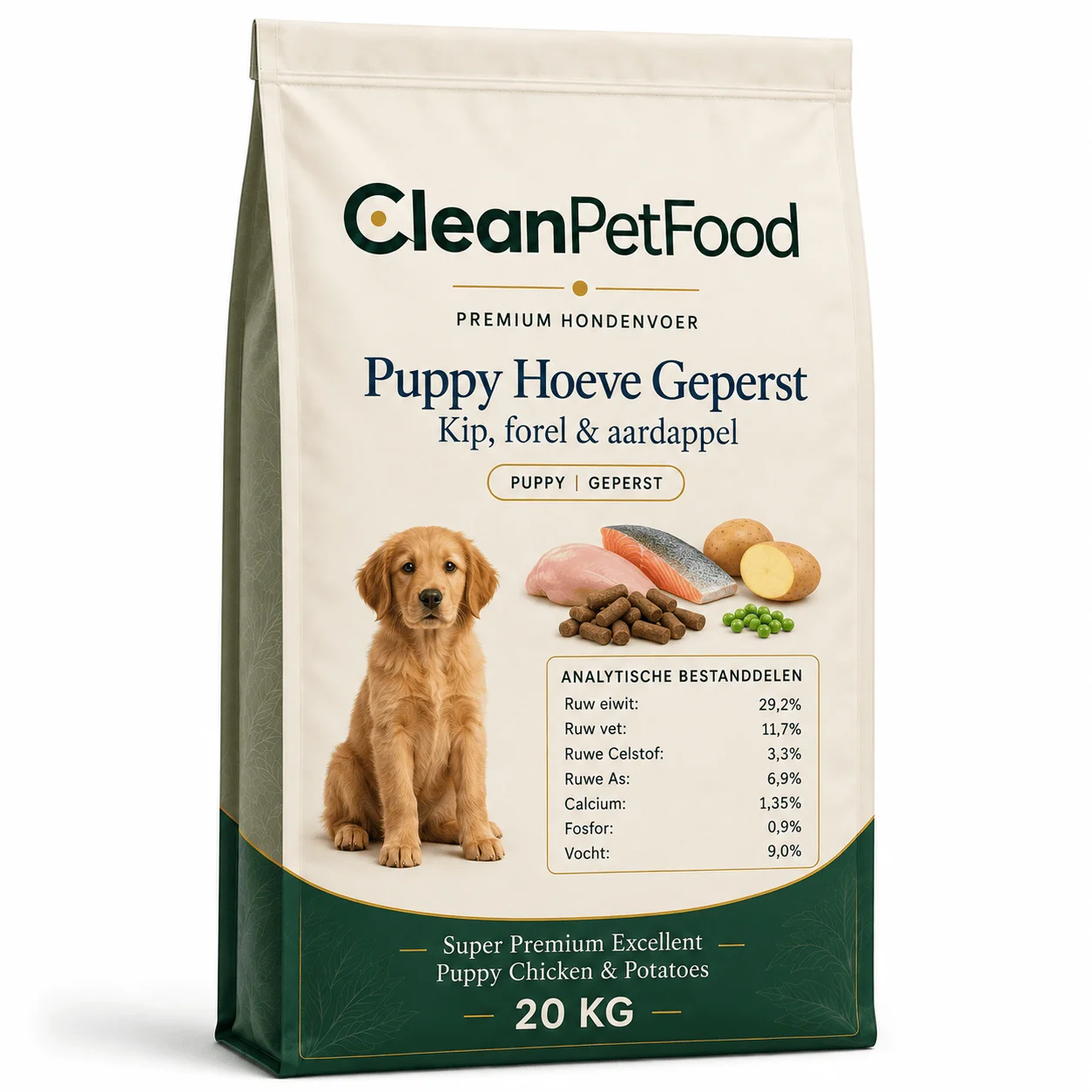 CleanPetFood Puppy Hoeve Geperst hondenvoer met kip, forel en aardappel, zak van 20 kg