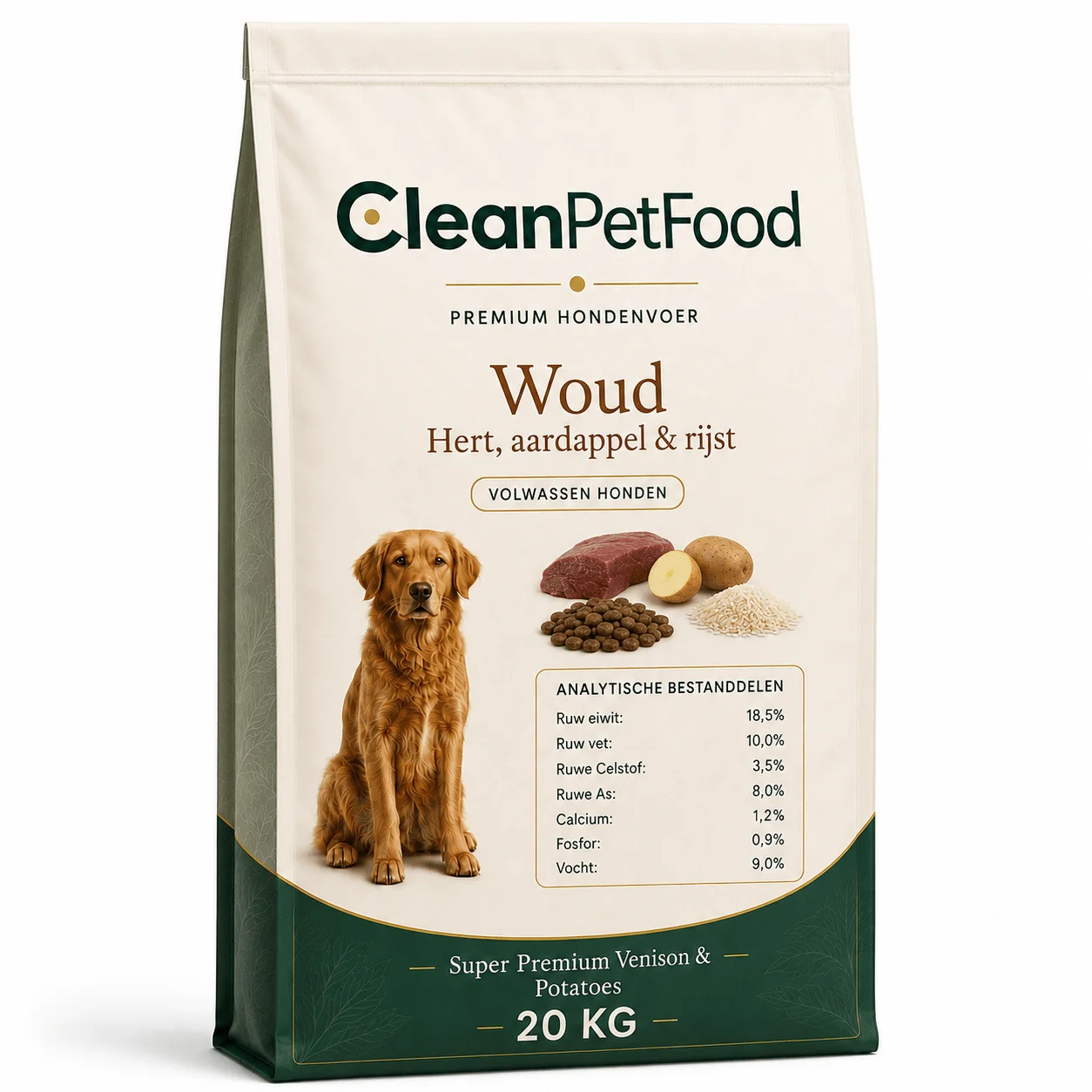 CleanPetFood Woud hondenvoer met hert, aardappel en rijst, zak van 20 kg